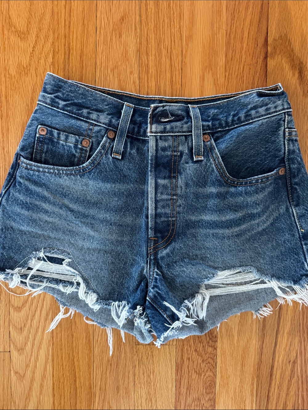 High-Rise Distressed Denim Cutoff Shorts - Blue